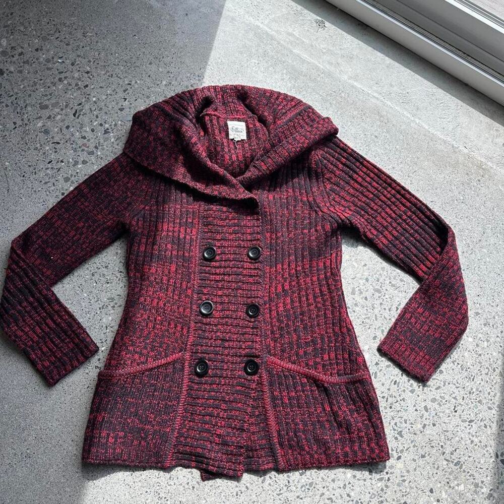 Elliot Women L Red Black Knit Sweater Coat Chunky Double Breasted Cowl Neck Y2K